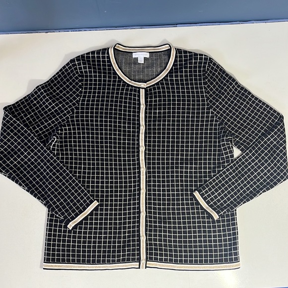 Charter Club Black Women’s Plaid Cardigan Sweater Faux Pearl Buttons Size L - Picture 6 of 15